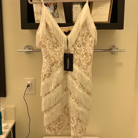 Women's White Strappy Lace Tassel Detail Bodycon Dress - Size 8